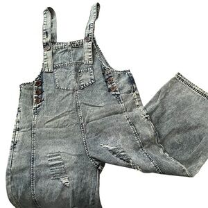 Easel - Oversized Distressed Denim Overalls
